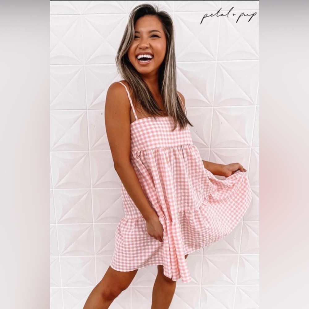 PETAL + PUP Gingham Tiered Mini Dress in Pink and White Size 4 - Picture 1 of 4